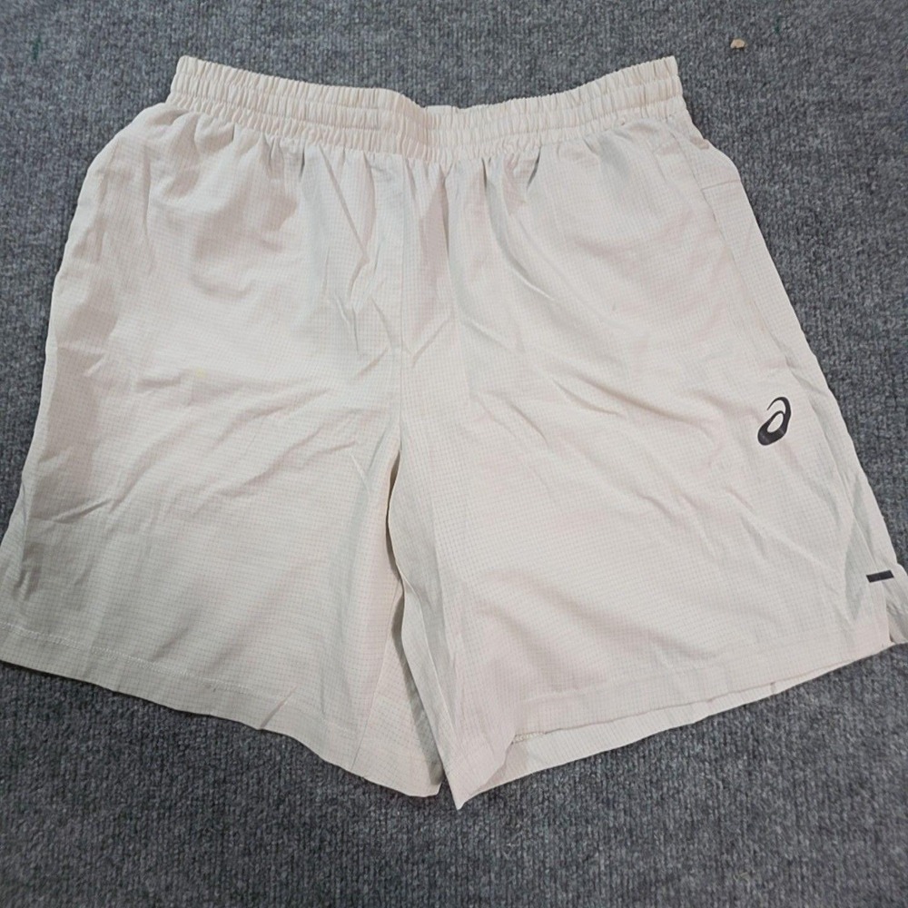 ASICS Shorts Mens M Beige Check Running Gym Training Elastic Waist Pockets